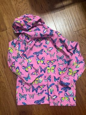 VGUC Hatley Pink Butterfly Rain Jacket with Terrycloth Lining Size 8